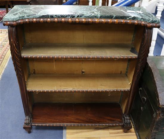 A Regency style marble top open bookcase, with lions feet W.92cm